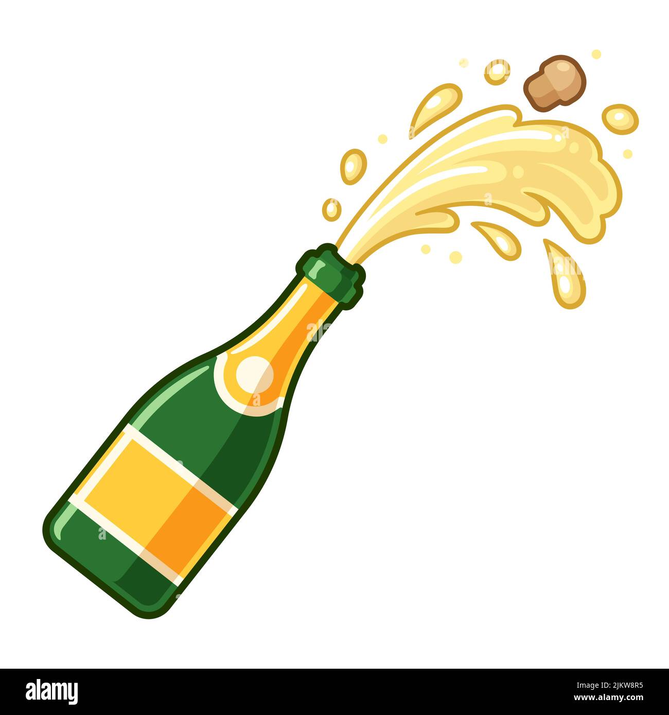Champagne bottle pop open with cork and foam flying out. Cartoon vector icon, simple clip art illustration. Stock Vector