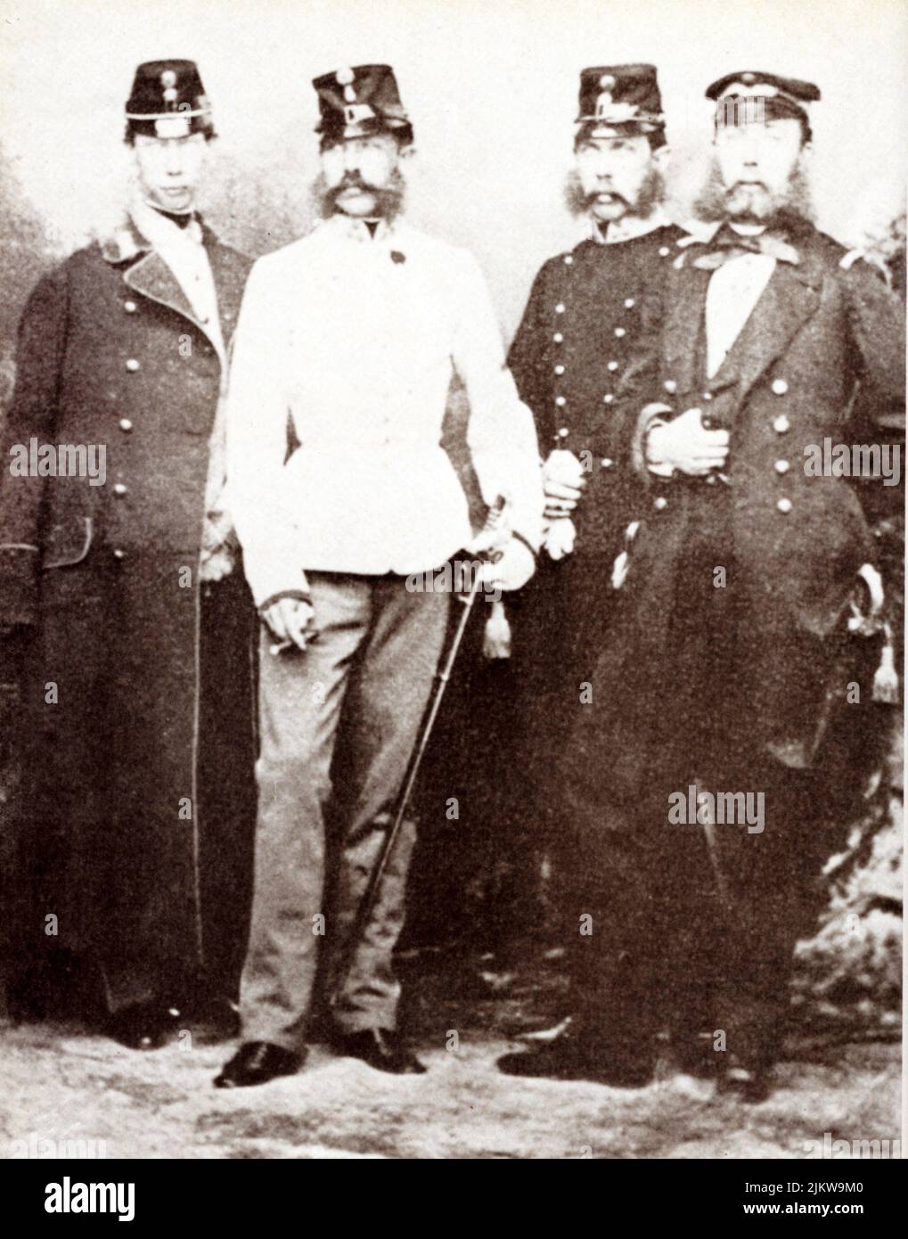1862 , Wien , Austria   : The four HABSBURG brothers : in  center the  celebrated austrian   Kaiser FRANZ JOSEF  ( 1830 - 1916 ) , Emperor of Austria , King of Hungary and Bohemia  (from left )  :  the young LUDWIG VIKTOR ( 1842 - 1919 ) ,  KARL LUDWIG ( 1833 - 1896 , father of crownprince Franz Ferdinand killed in Sarajevo 1914 ) and Ferdinand MAXIMILIAN (future 1864  Emperor of Mexico , 1832 - 1867 )  - FRANCESCO GIUSEPPE - JOSEPH - ABSBURG - ASBURG - ASBURGO - NOBILITY - NOBILI - NOBILTA' - REALI  - ABSBURGO - HASBURG - ROYALTY  - family - famiglia - fratelli  ----  Archivio GBB Stock Photo