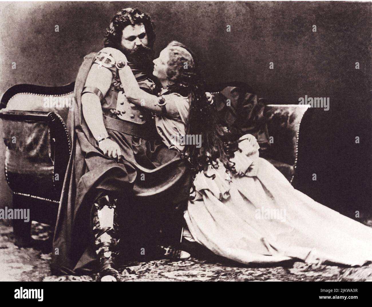 1865 , 6 june , Munchen , Bavaria  :  The mad king of Bayern LUDWIG II of Wittelsbach ( 1845 - 1886 ) provide his friend and Opera music composer Richard Wagner  the opportunity to give the prémiére of TRISTAN AND ISOLDE at Hoftheater . The success was largely due to the married couple of singers LUDWIG and MALVINE SCHNORR  Von CAROLSFELD , who sang the tittle roles   - RE - REALI - ROYALTY - nobili - nobiltà - BAVIERA - music - classical - musica classica - portrait - ritratto  - cantante lirico - LIRICA - TRISTANO e ISOTTA   ----  Archivio GBB Stock Photo