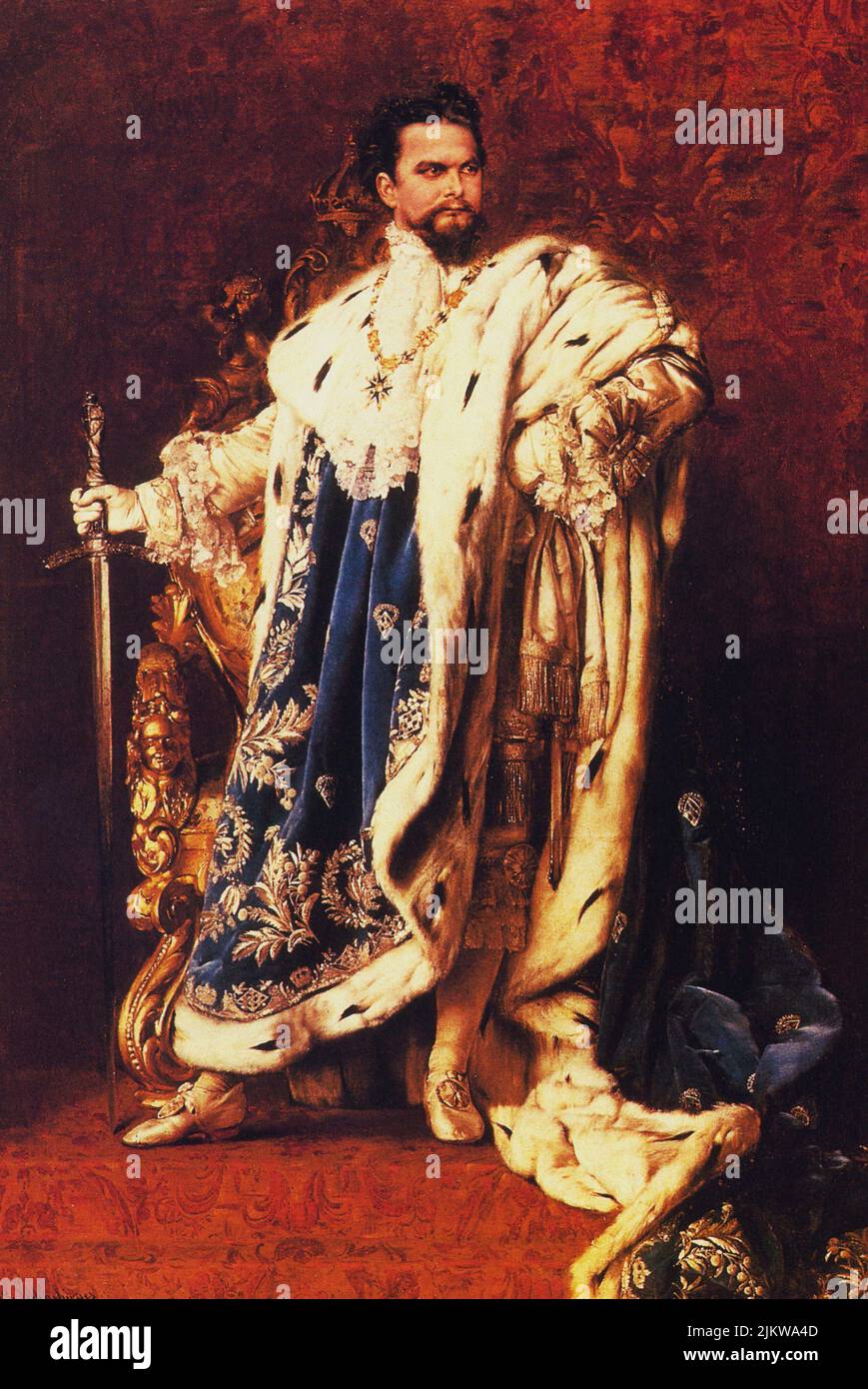 The mad and suicide king of Bayern LUDWIG II of Wittelsbach ( Nymphenburg 1845 - Starnberg 1886 ) from 1864 to 1886 , friend of Opera music composer Richard Wagner .  The portrait like Grand Master of The Royal Order of The Knights of Saint George , painting by GEORG  SCHACHINGER   ( 1887 )  - RE - REALI - ROYALTY - nobili - nobiltà - BAVIERA - music - classical - musica classica - portrait - ritratto - collar - colletto  - pizzo - lace - ermine fur - pelliccia di ermellino - spada - sword - guanti bianchi - white gloves - GAY - homosexual - homosexuality - omosessuale - omosessualità - suicid Stock Photo