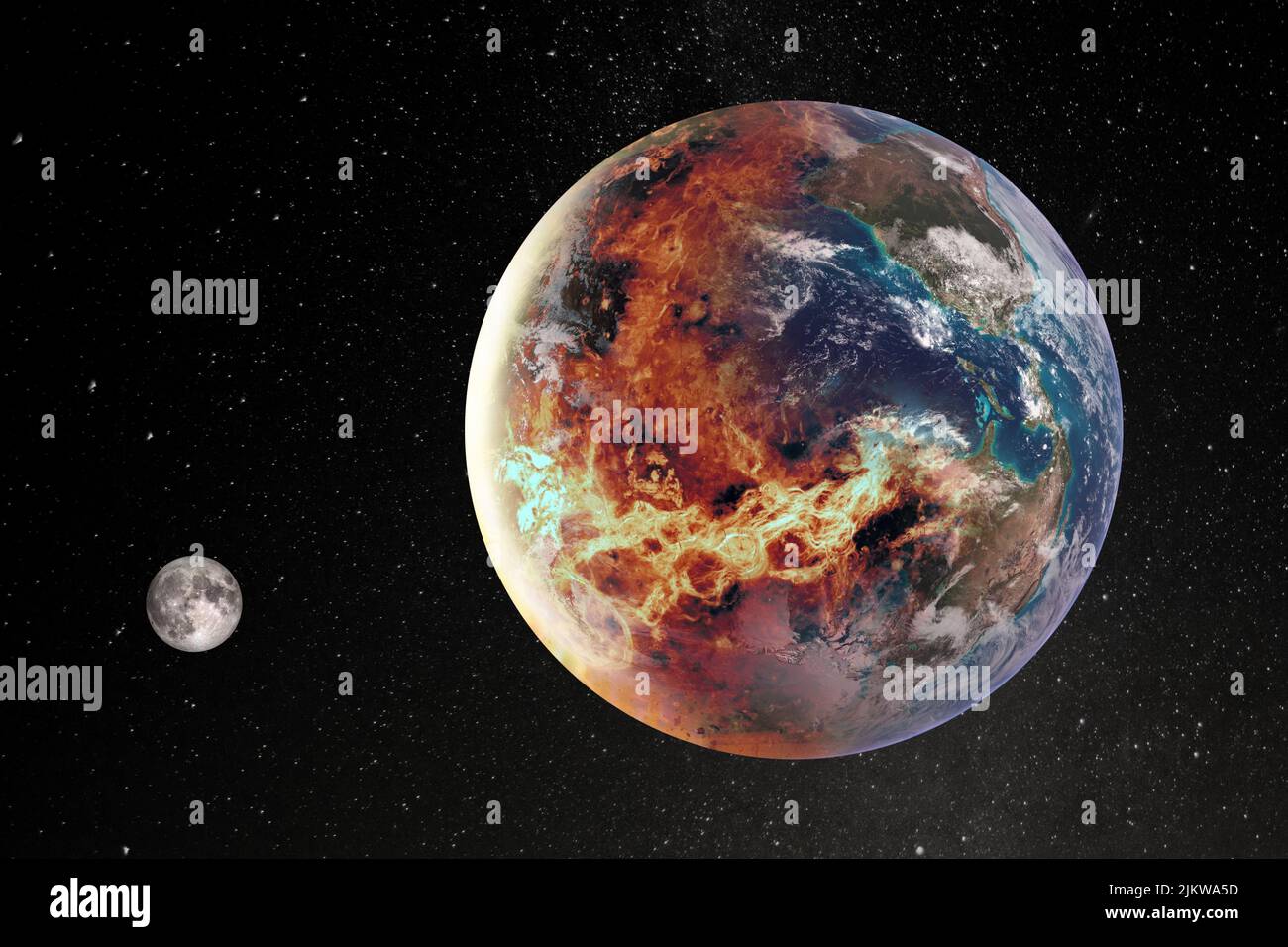 Global warming and mass extinction concept - half of planet Earth in fire. Elements of this image furnished by NASA. Stock Photo