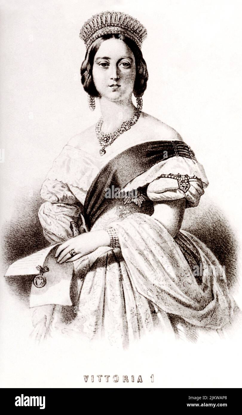 The Queen VICTORIA of ENGLAND (  1819 - 1901 )  , Empress of U. K. - Regina Vittoria - perle - pearls  - engraving - incisione  - ritratto - portrait - ROYALTY - REALI - Nobiltà - Nobility - regina - imperatrice  - orecchini - orecchino - earrings - eardros - jewell - gioiello - gioielli - jewells - corona - crown - tiara - diadema - pearls - perla - perle - diamante - diamanti - diamonds  - collana - necklace - scollatura - decolleté - neckline - neckopening   ----  Archivio GBB Stock Photo