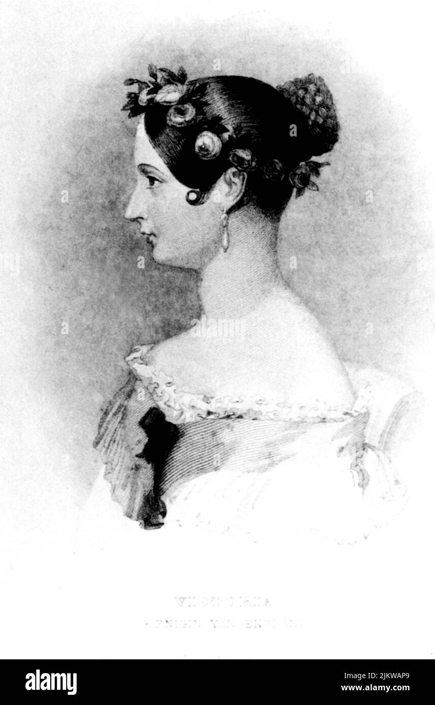 The Queen VICTORIA of ENGLAND ( London 1819 - Osborne 1901 ) , Empress of U. K. - Regina Vittoria - perle - pearls  - engraving - incisione  - ritratto - portrait - ROYALTY - REALI - Nobiltà - Nobility - regina - imperatrice  - orecchini - orecchino - earrings - eardros - jewell - gioiello - gioielli - jewells -  - pearls - perla - perle  - decolleté - neckline - neckopening - profilo - profile - chignon   ----  Archivio GBB Stock Photo