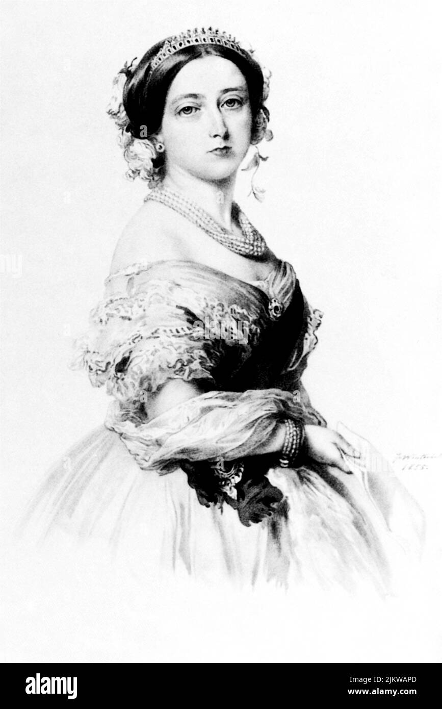 1855 : The Queen VICTORIA of ENGLAND (  1819 - 1901 ) , Empress of U. K. - Regina Vittoria - perle - pearls  - engraving - incisione  - ritratto - portrait - ROYALTY - REALI - Nobiltà - Nobility - regina - imperatrice  - orecchini - orecchino - earrings - eardrops - jewell - gioiello - gioielli - jewells - corona - crown - tiara - diadema - pearls - perla - perle - diamante - diamanti - diamonds  - collana - necklace - scollatura - decolleté - neckline - neckopening - pizzo - lace   ----  Archivio GBB Stock Photo