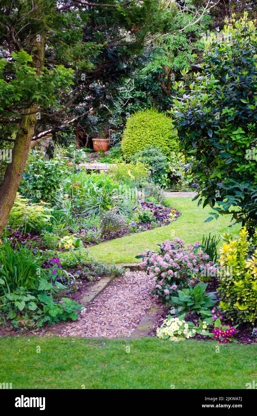 A British garden with spring flowers and plant in the boarders. Stock Photo