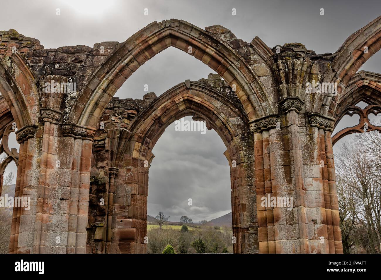 Melrose Abbey a derelict building in the Scottish Borders on the River