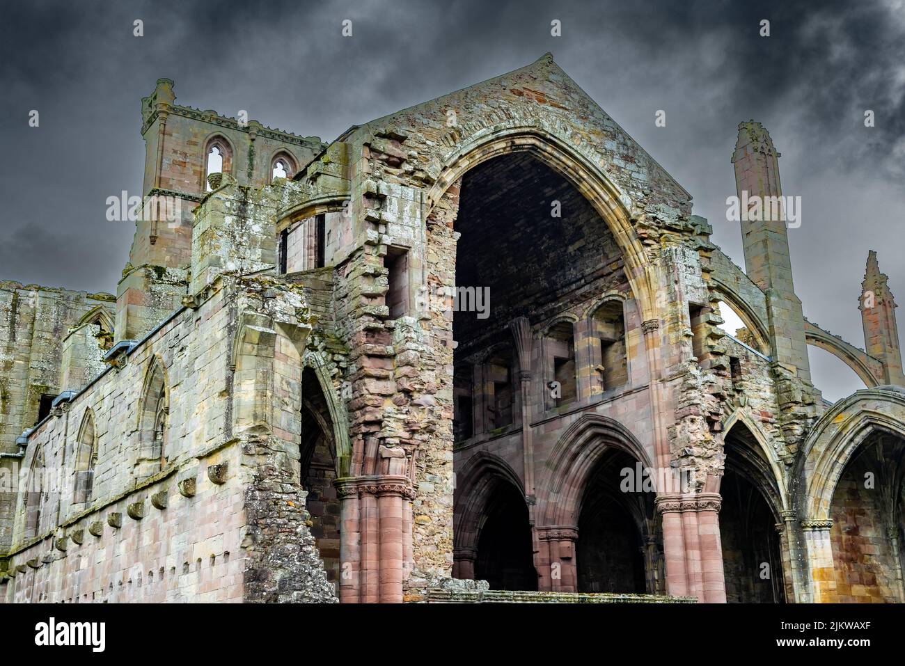 Melrose Abbey a derelict building in the Scottish Borders on the River