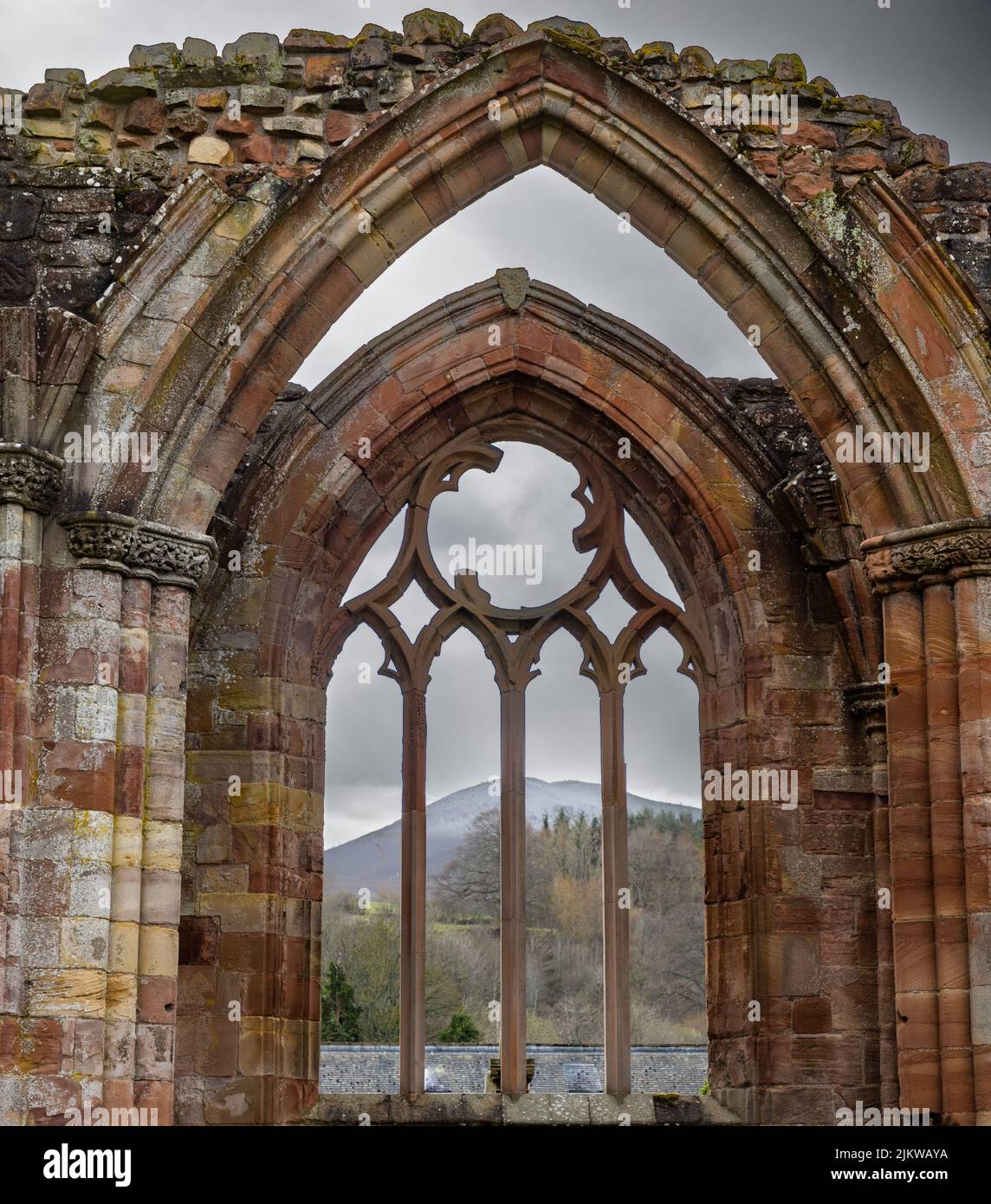 Melrose Abbey a derelict building in the Scottish Borders on the River