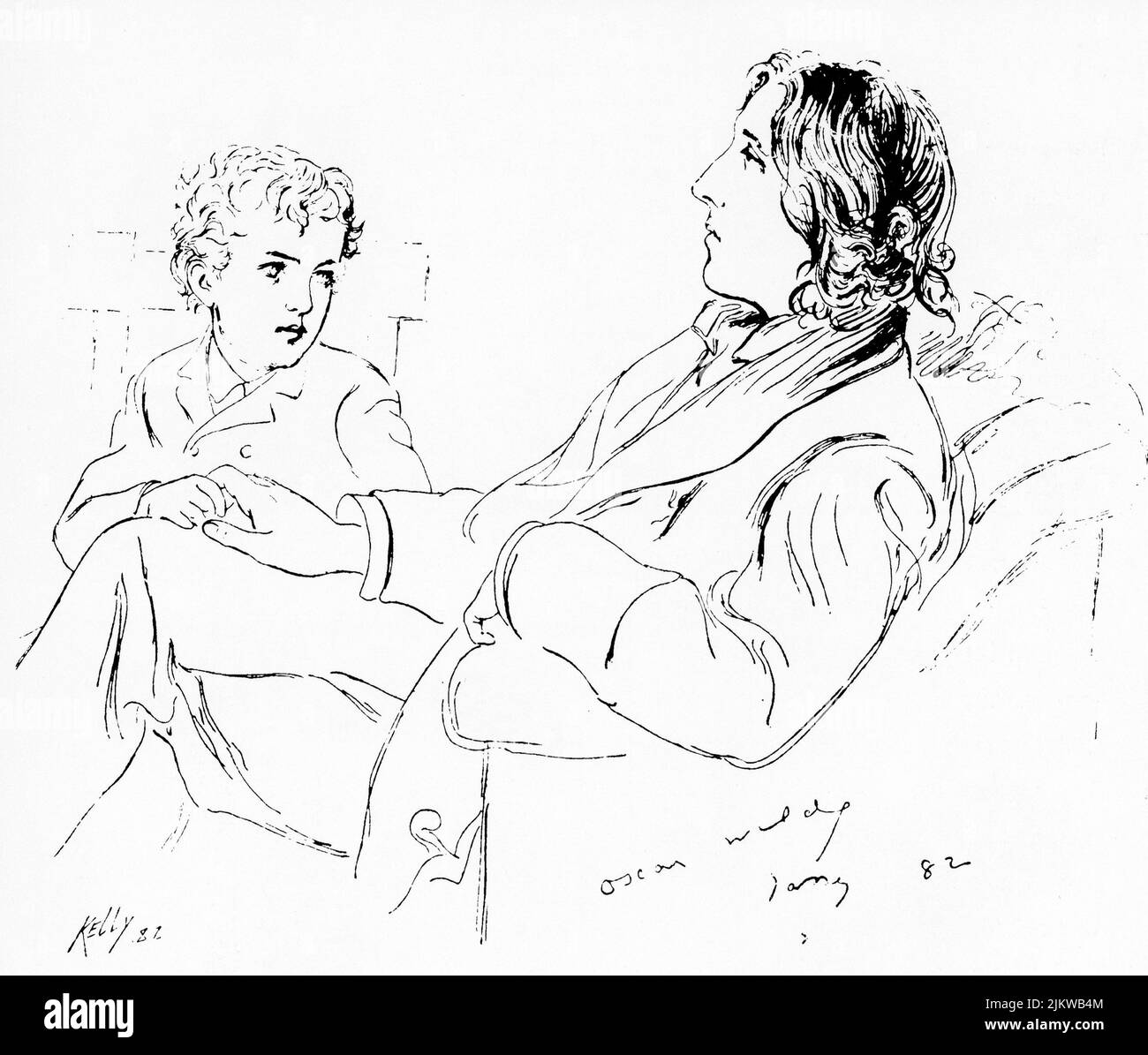 1882 , january , London , England    : The celebrated irish writer and dramatist OSCAR WILDE ( 1854 - 1900 ) in a drawing by James Edward Kelly , the boy as the son of painter  - SCRITTORE - LETTERATURA - LITERATURE - POET - POETA - POESIA - DRAMMATURGO - playwriter - play-writer - TEATRO - THEATER - THEATRE  - POETRY  - GAY - HOMOSEXUAL - HOMOSEXUALITY - omosessuale - omosessualità - profilo - profile  ----  Archivio GBB Stock Photo