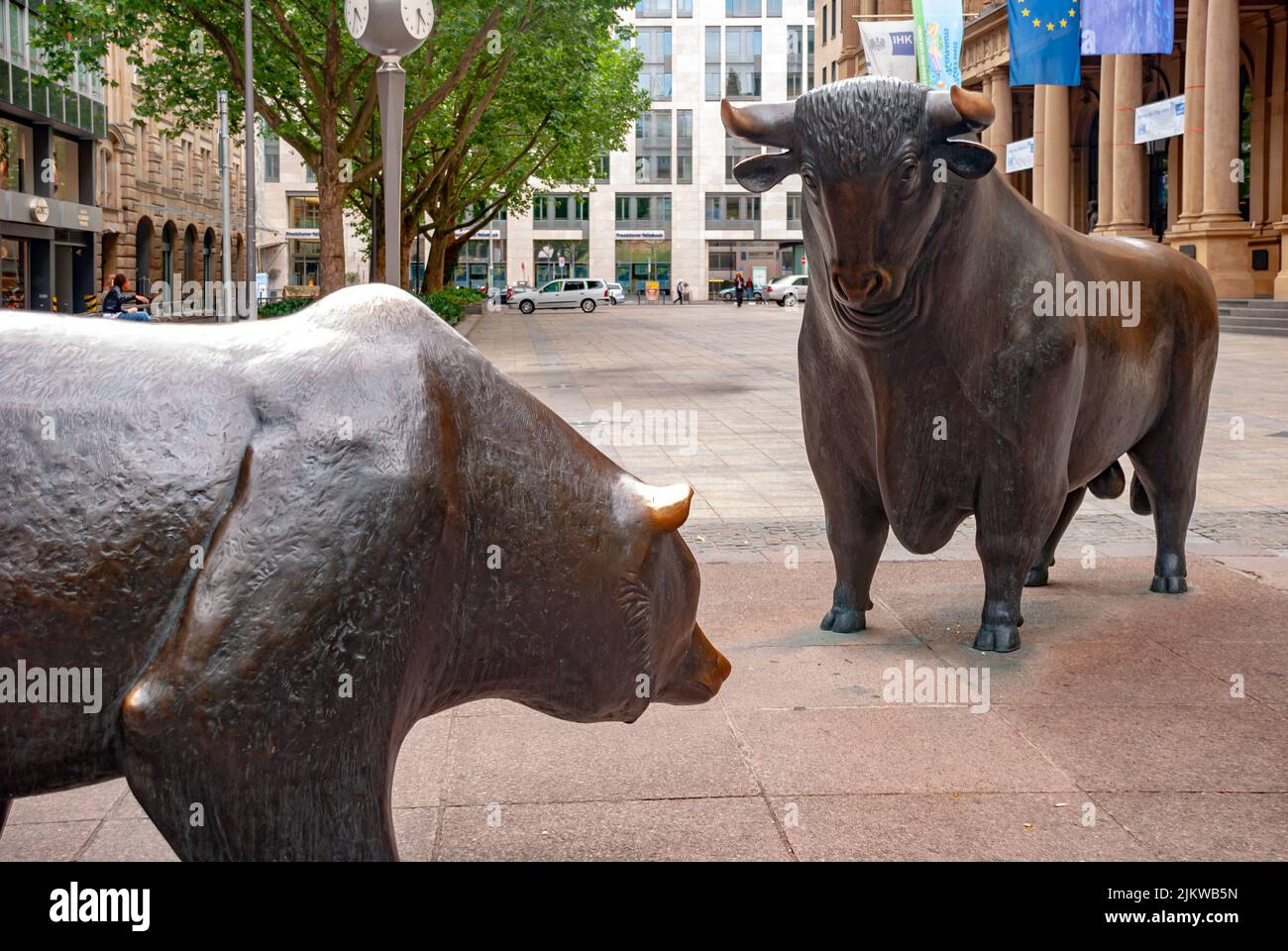 A Metal bear and bull statues in the park in front of Frankfurt stock exchange Stock Photo