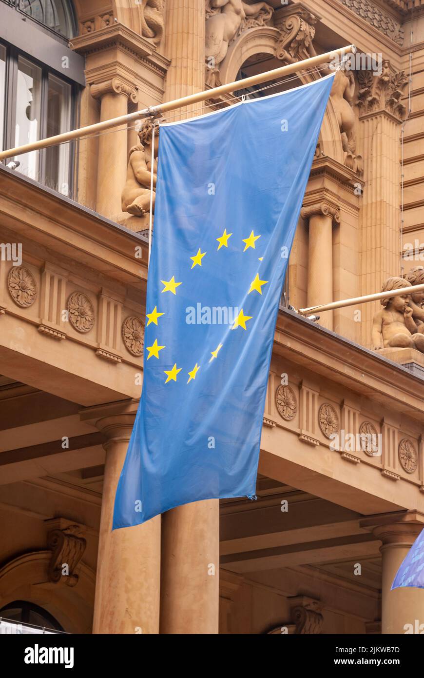 A Euriopean Union flag hanging on a building of Stock exchange i Frankfurt Stock Photo