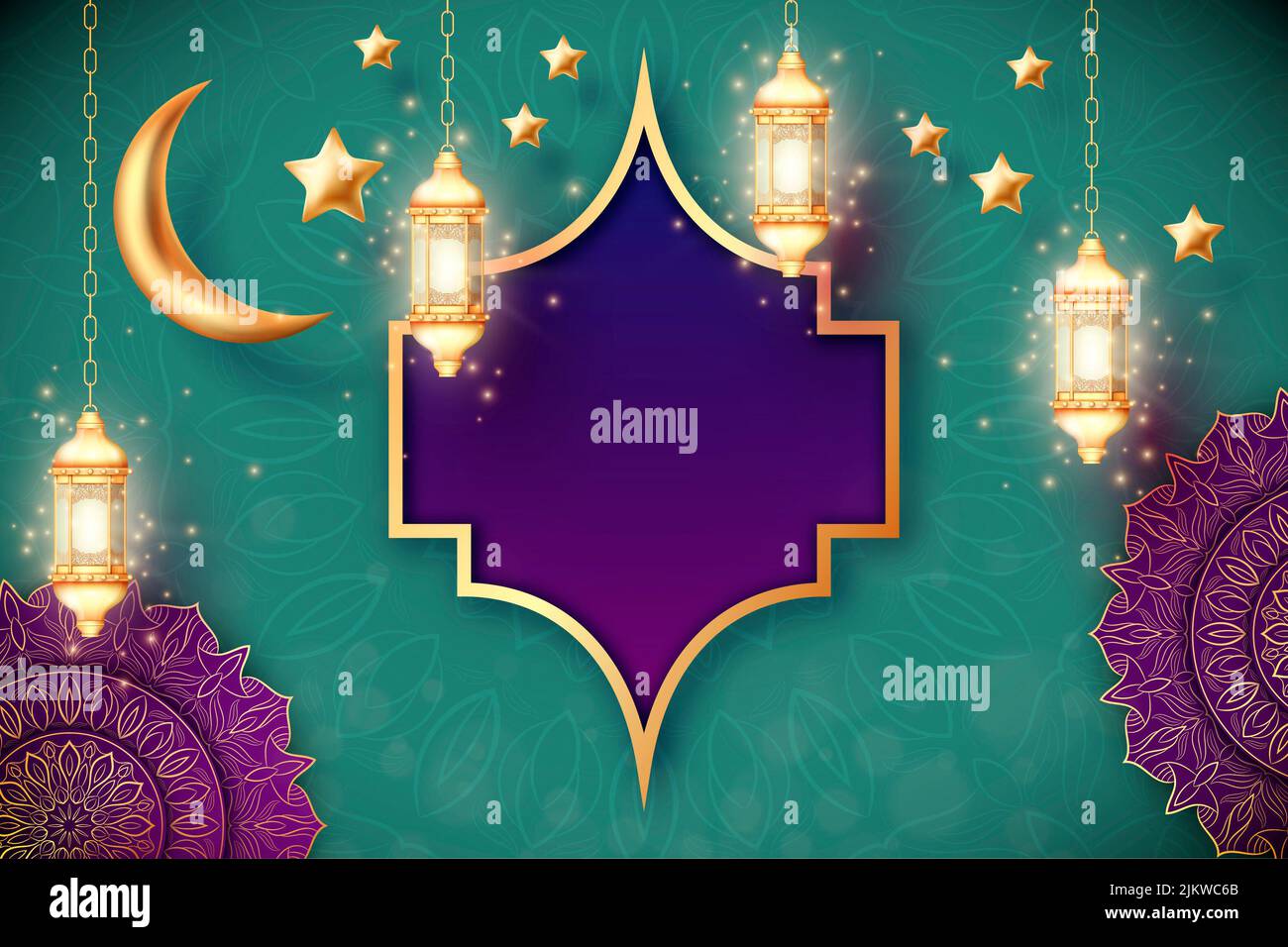 Hanging Ramadan lanterns and stars with golden crescent moon Stock ...