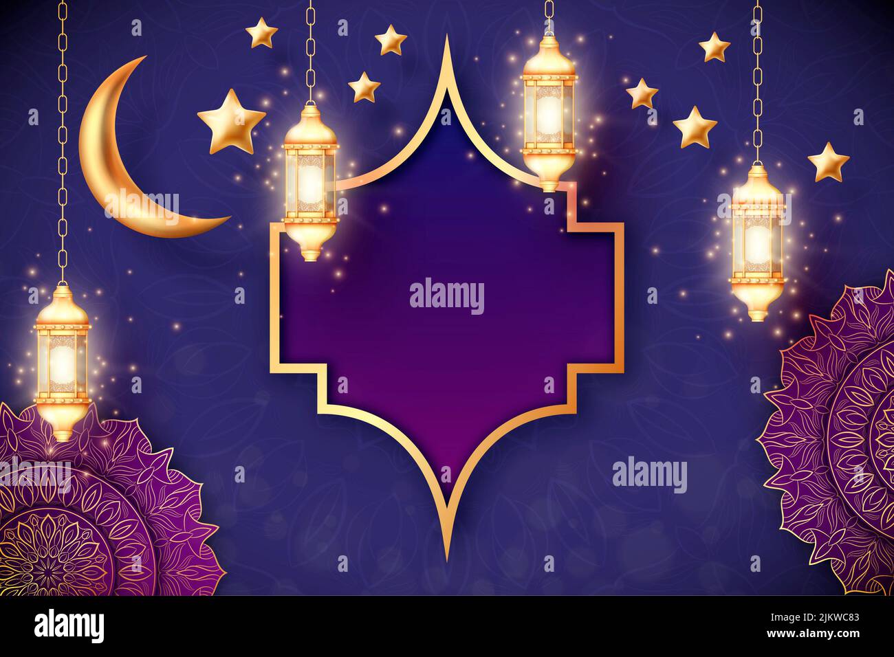Hanging Ramadan lanterns and stars with golden crescent moon Stock