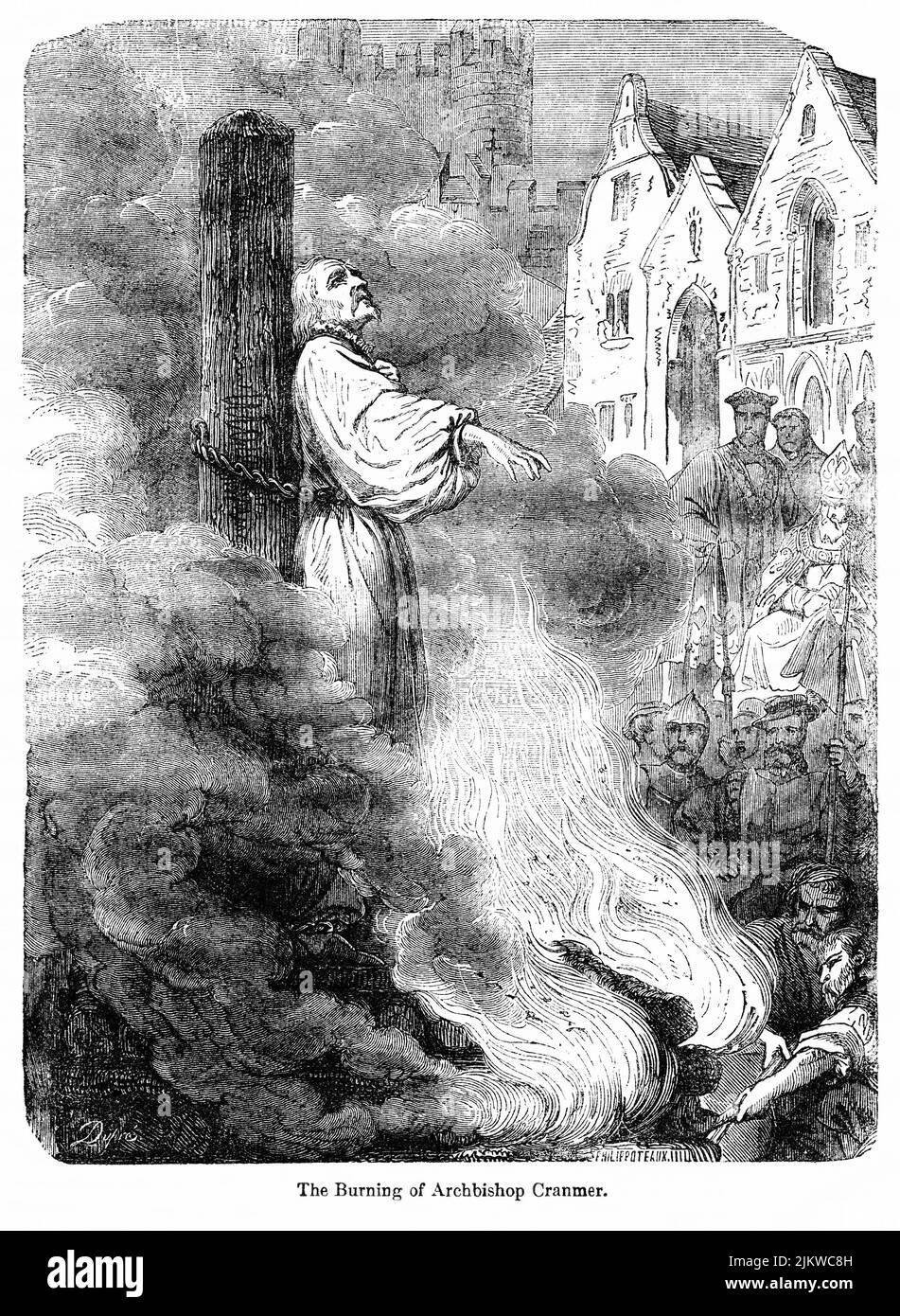 The Burning of Archbishop Cranmer, Illustration from the Book, 'John Cassel’s Illustrated History of England, Volume II', text by William Howitt, Cassell, Petter, and Galpin, London, 1858 Stock Photo