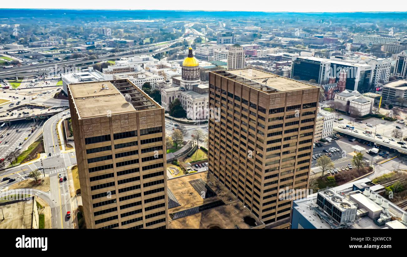 An aerial footage of a cityscape in Atlanta city in the US Stock Photo