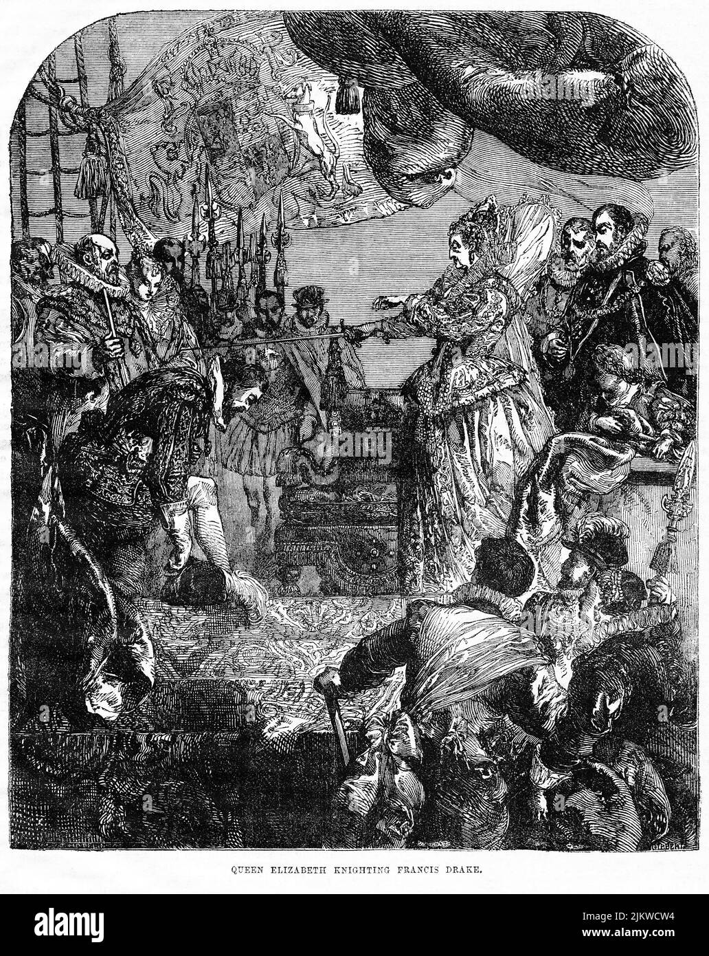 Queen Elizabeth Knighting Francis Drake, Illustration from the Book, 'John Cassel’s Illustrated History of England, Volume II', text by William Howitt, Cassell, Petter, and Galpin, London, 1858 Stock Photo