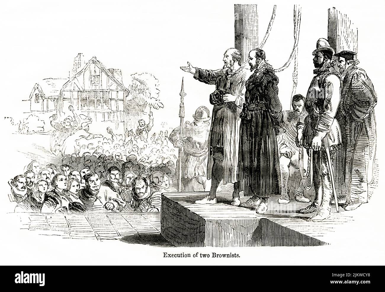 Execution of two Brownists, Illustration from the Book, 'John Cassel’s Illustrated History of England, Volume II', text by William Howitt, Cassell, Petter, and Galpin, London, 1858 Stock Photo