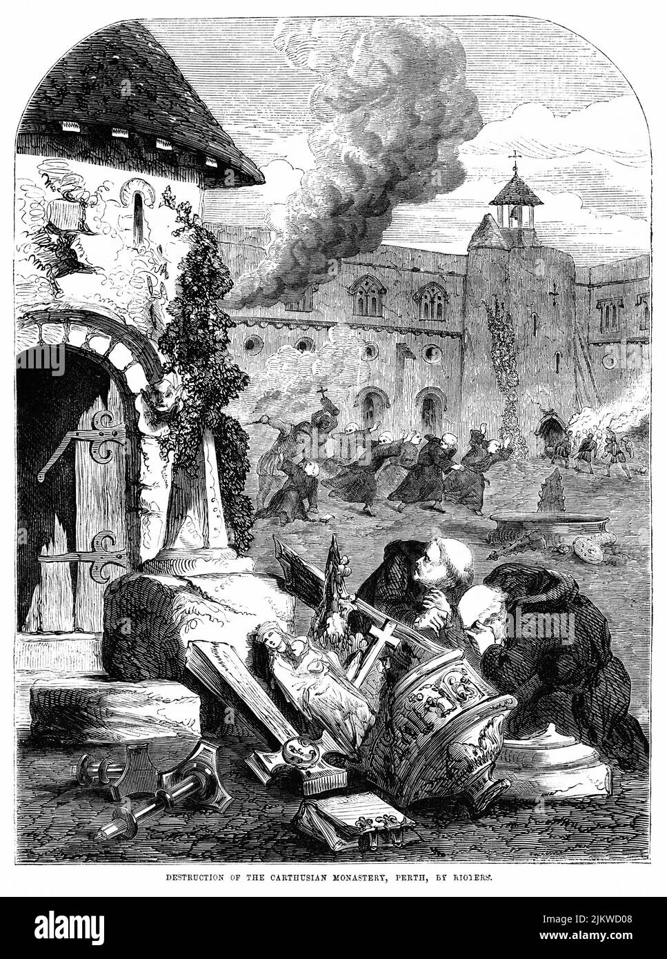Destruction of the Carthusian Monastery, Perth, by Rioters, Illustration from the Book, 'John Cassel’s Illustrated History of England, Volume II', text by William Howitt, Cassell, Petter, and Galpin, London, 1858 Stock Photo
