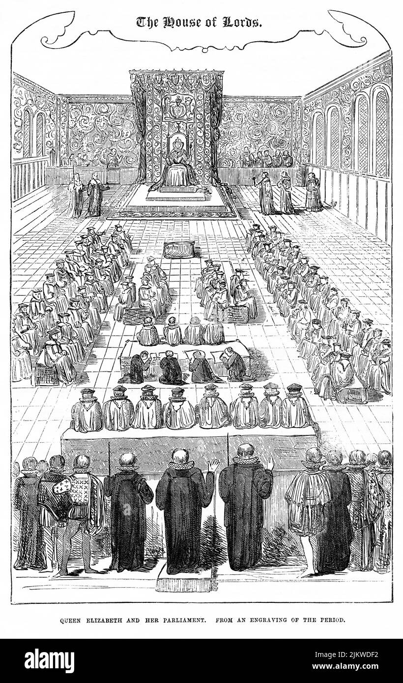 Queen Elizabeth and her Parliament, Illustration from the Book, 'John Cassel’s Illustrated History of England, Volume II', text by William Howitt, Cassell, Petter, and Galpin, London, 1858 Stock Photo