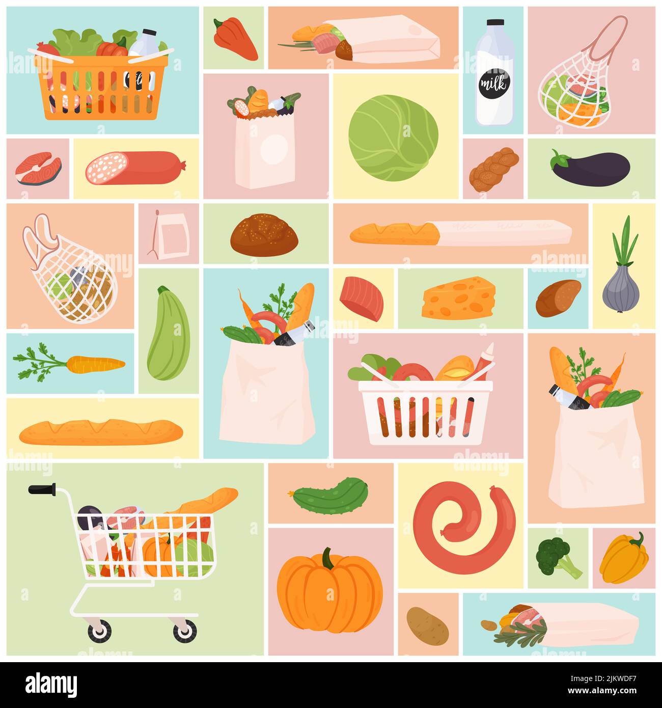 Grocery set vector illustration. Cartoon healthy fruit and vegetables, paper bags, basket from retail shop and supermarket trolley full of purchases, food products in geometric collage background Stock Vector Image & Art - Grocery set vector illustration. Cartoon healthy fruit and vegetables, paper bags, basket from retail shop and supermarket trolley full of purchases, food products in geometric collage background Stock Vector Image & Art -