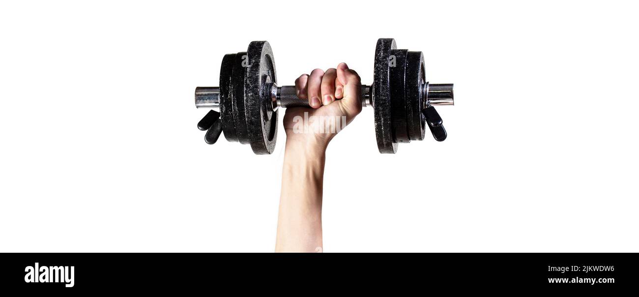 Man in sports with dumbbells. Strong hand man lift a weight, dumbbells. Male maleraising a