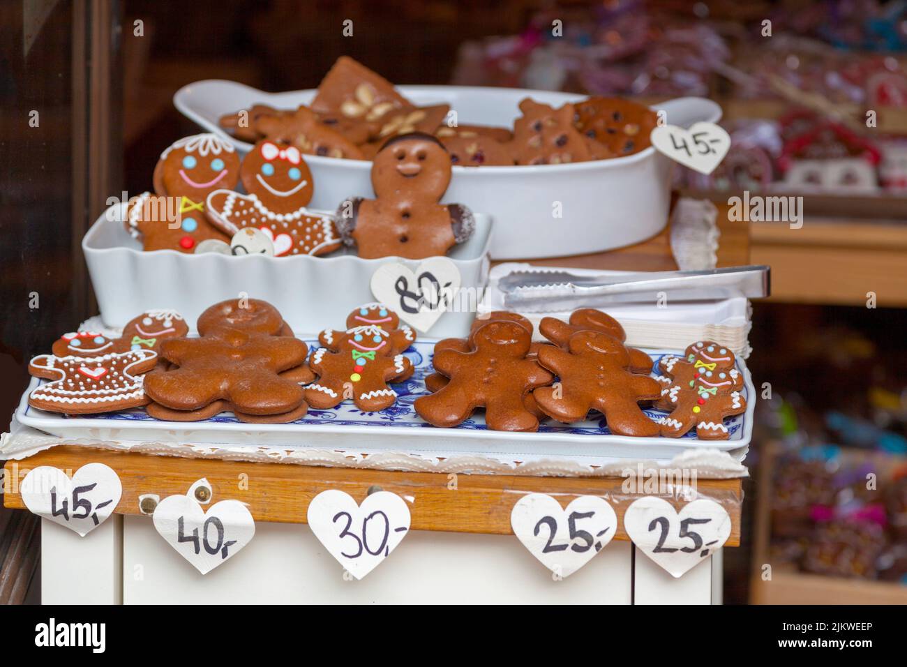 Gingerbread men for sale in a bakery of Prague. Stock Photo