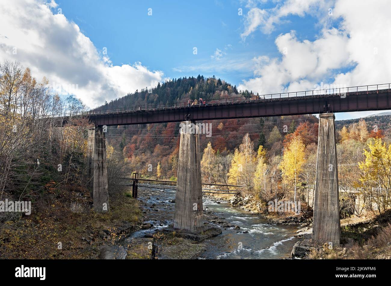 The picturesque view to the bridge over the river Prut in Yaremche, Ukraine Stock Photo