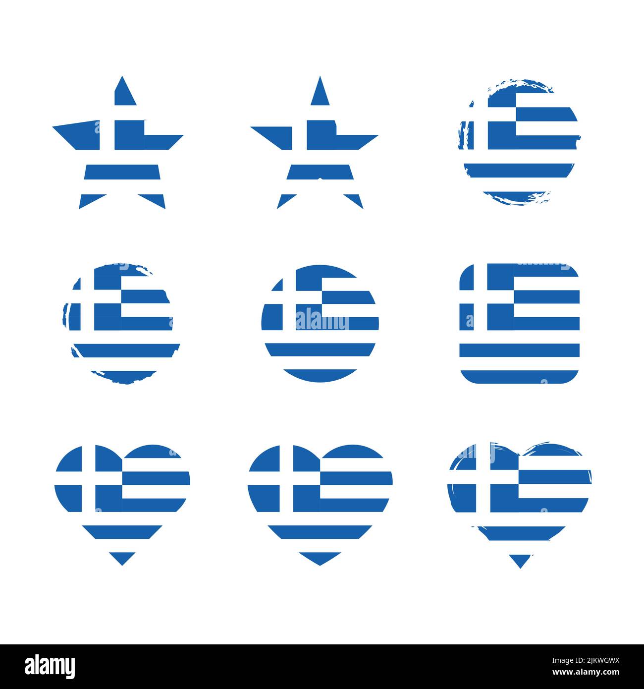 Greece vector circle and heart flag set. Greek dry brush and grunge effect stamp flags. Stock Vector
