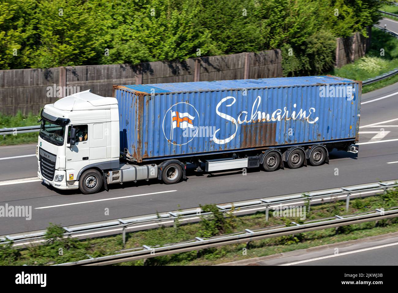 DAF XF truck with Safmarine container on motorway Stock Photo