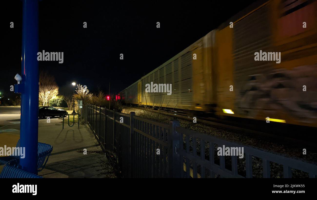 Train heading North thru Altavista Virginia just after midnight Stock