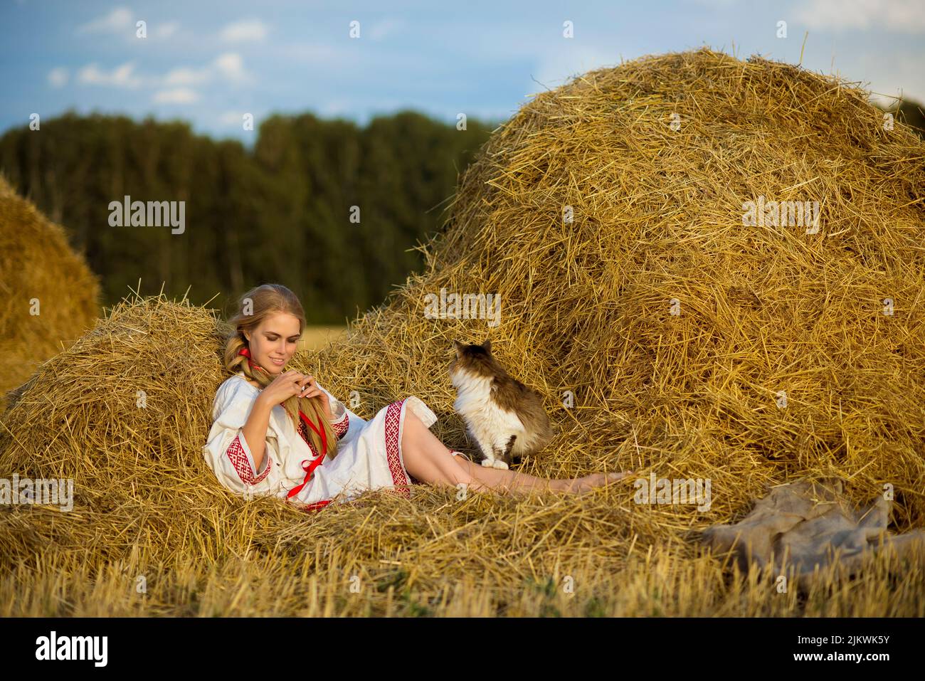 Photo of a Slavic woman in national costume sitting in a haystack in a field braids her hair. Cat in the hay. Stock Photo