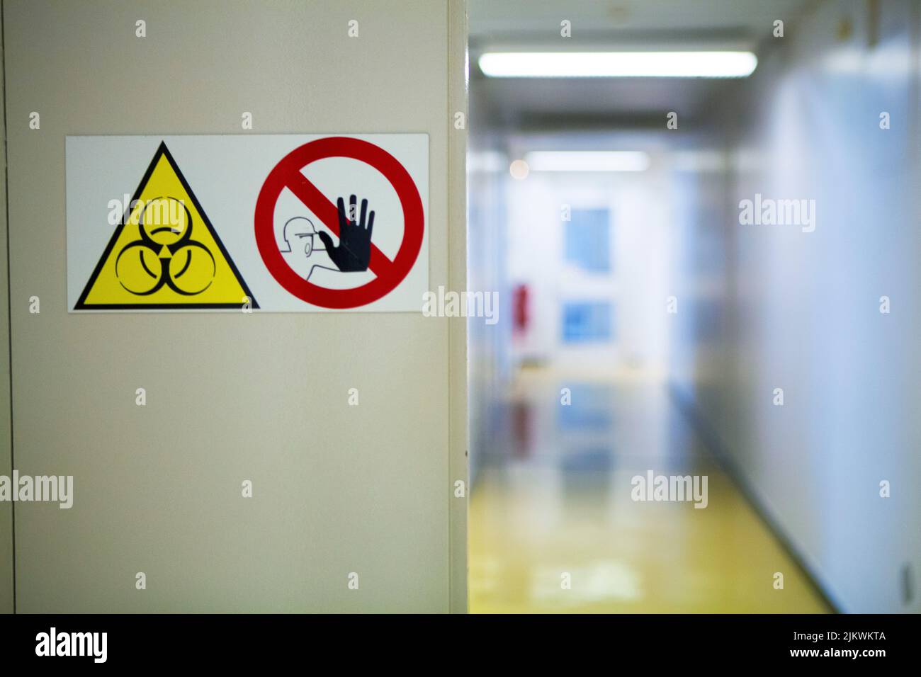 Hospital biology laboratory: prohibition sign and biohazard zone. Stock Photo