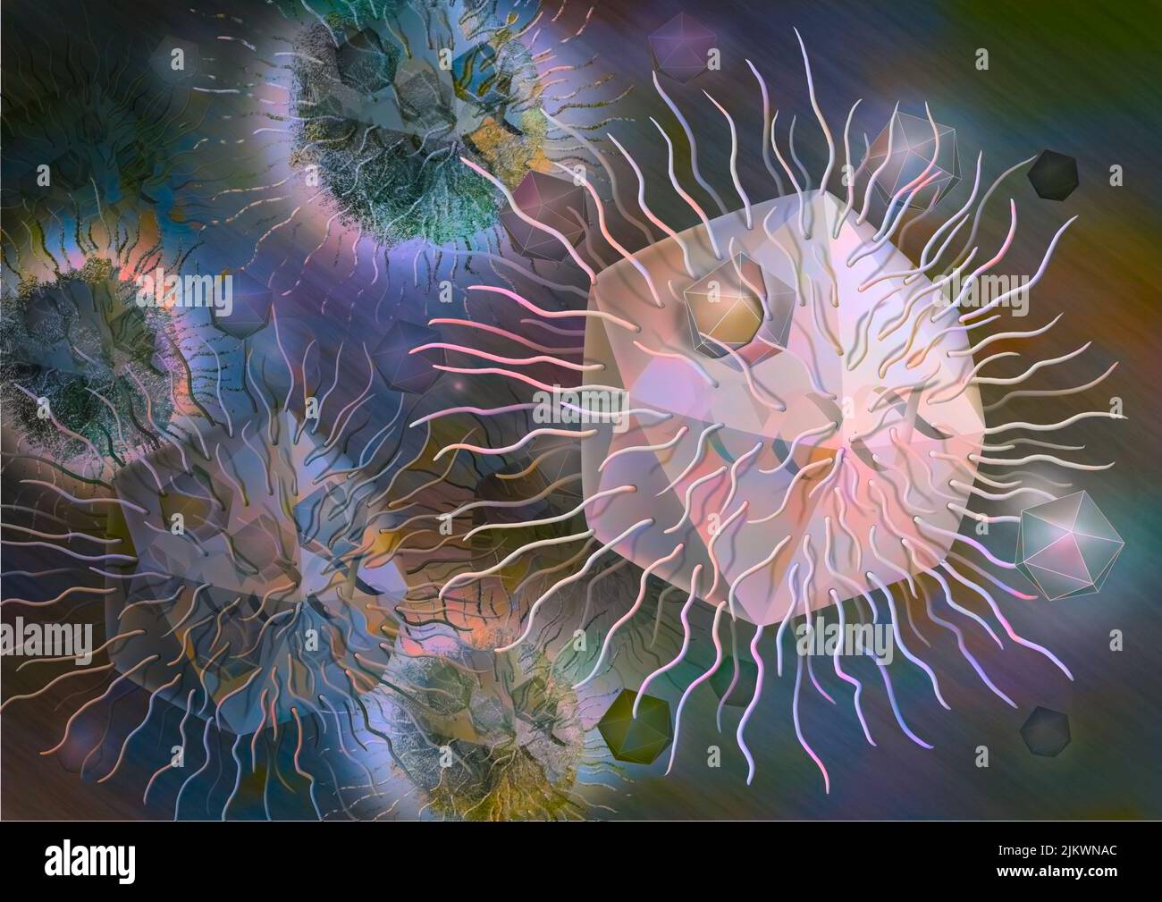 Virophages infecting mama viruses (very large viruses). Stock Photo