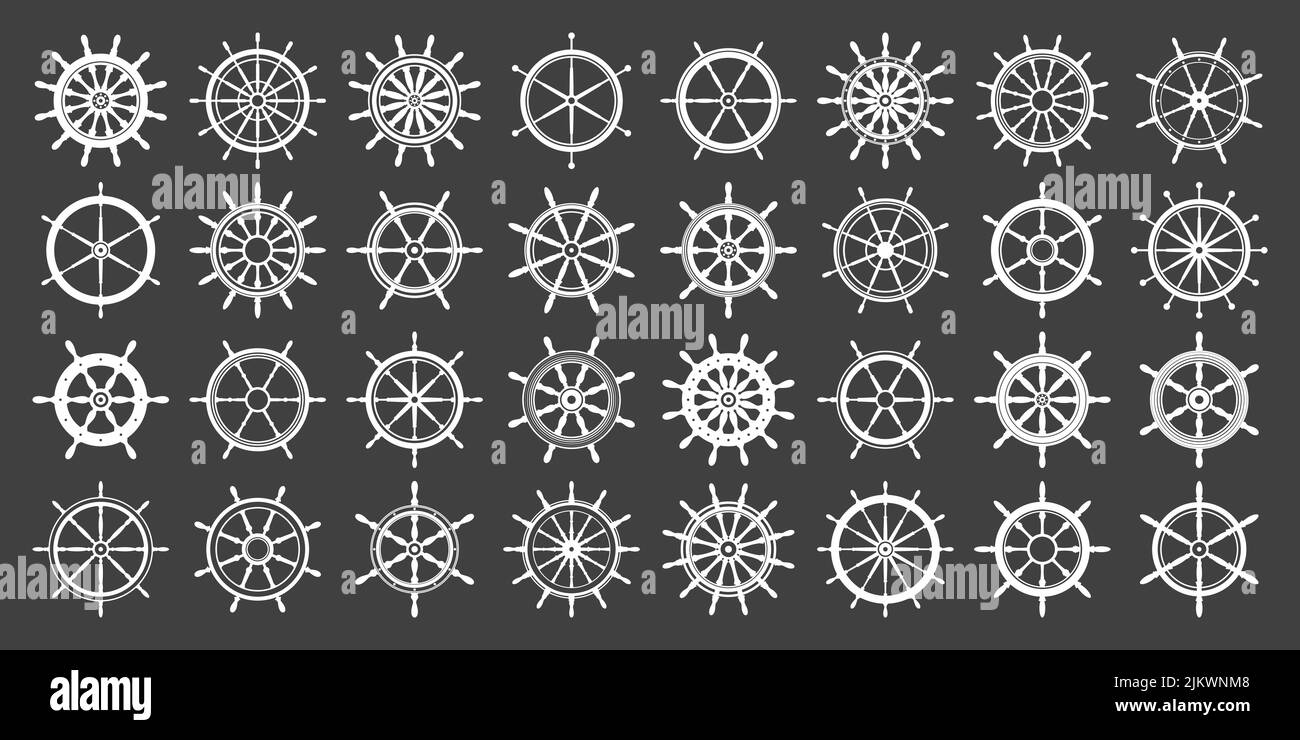 Collection of white vintage steering wheels. Ship, yacht retro wheel ...
