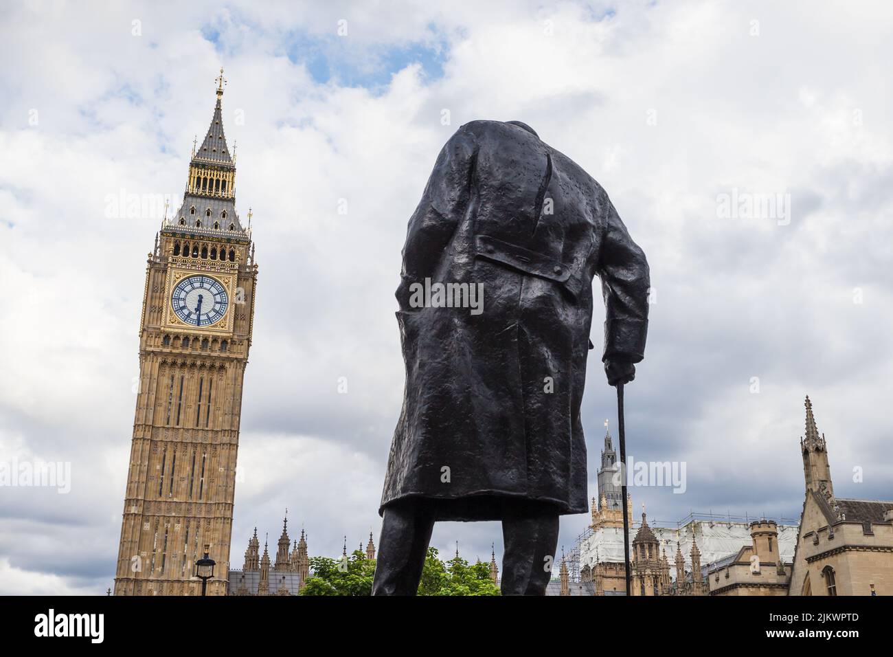 Sir Winston Churchill Statue facing the Houses of Parliament and Big Ben in Greater London seen in August 2022. Stock Photo