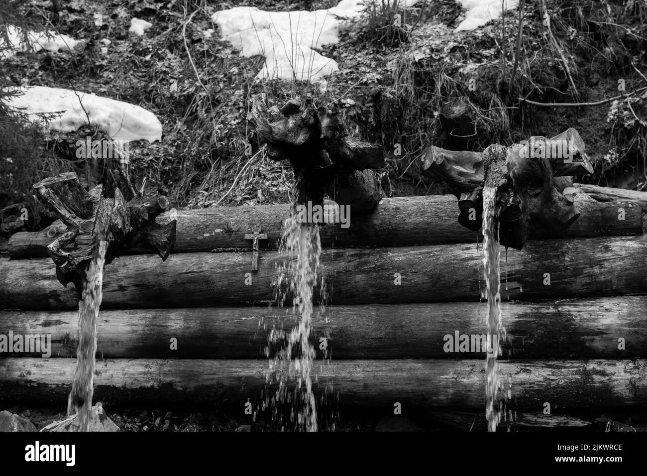 A grayscale shot of holy spring in the suburbs of Moscow, Russia Stock ...