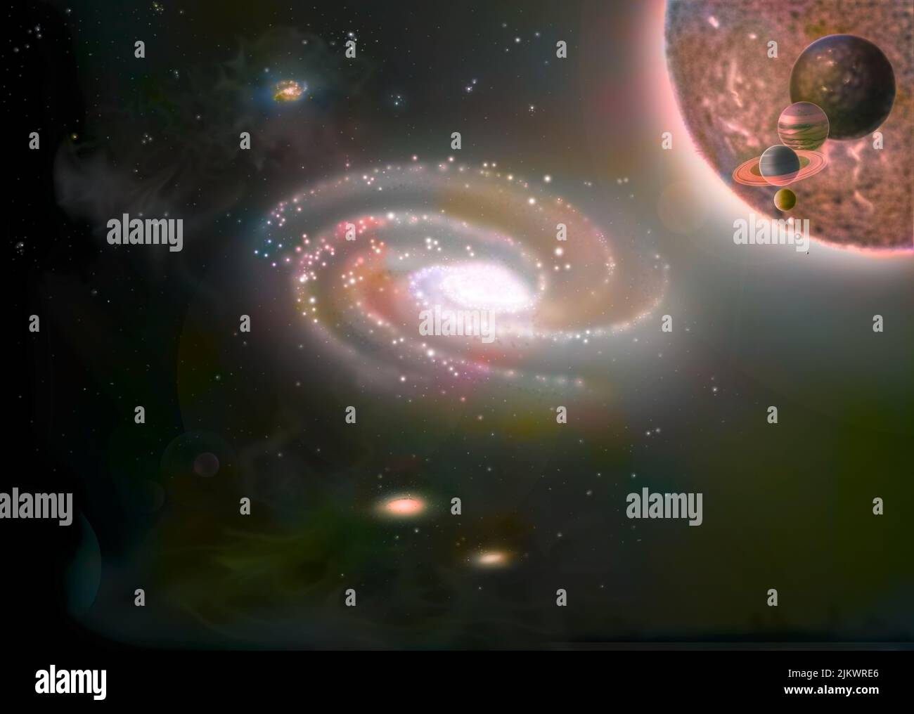 Milky Way in the center and scale of different stars (Red Dwarf, Sun.) On the right. Stock Photo