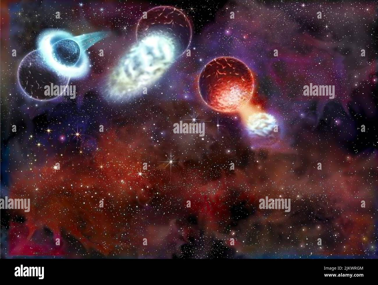 Moon (formation), stage 1 to 3: collision of planets, fusion of nuclei and collection of debris. Stock Photo