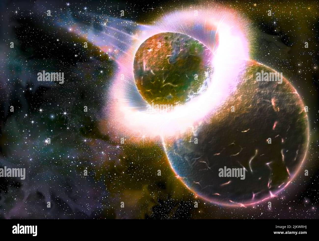 Moon (formation), stage 1: collision between a projectile and the Earth. Stock Photo