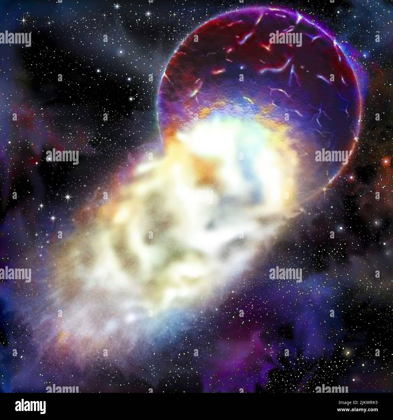 Moon (formation) stage 2: the nuclei of the two planets merge. Stock Photo