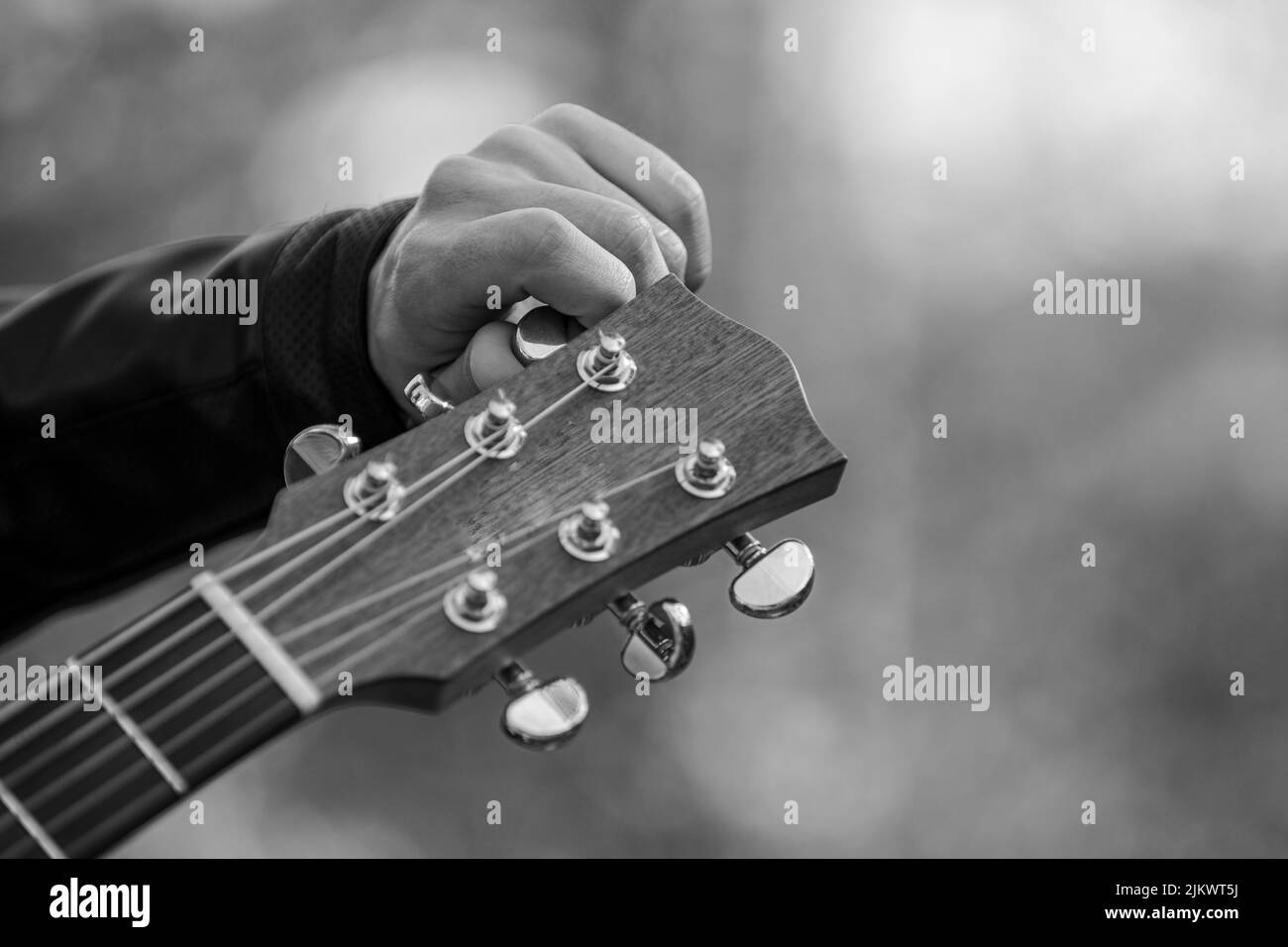 guitar headstock detail with tuning hand in black and white Stock Photo