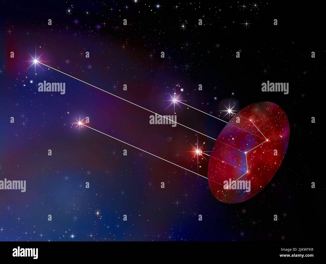 Constellation Cassiopeia on a map and how it is arranged in space. Stock Photo