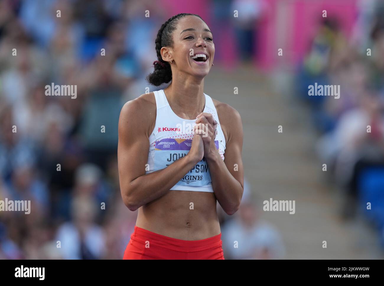 England’s Katarina Johnson-Thompson reacts during the Women’s Heptathlon - Javelin Throw at Alexander Stadium on day six of the 2022 Commonwealth Games in Birmingham. Picture date: Wednesday August 3, 2022. Stock Photo