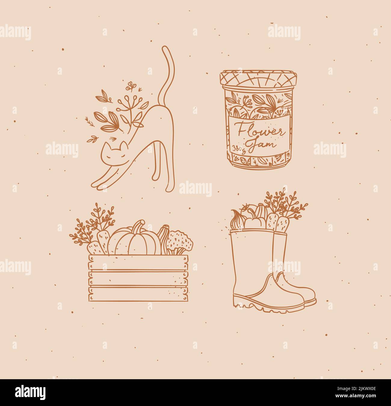 Village collection of icons vegetable box, boots, cat, jar of jam