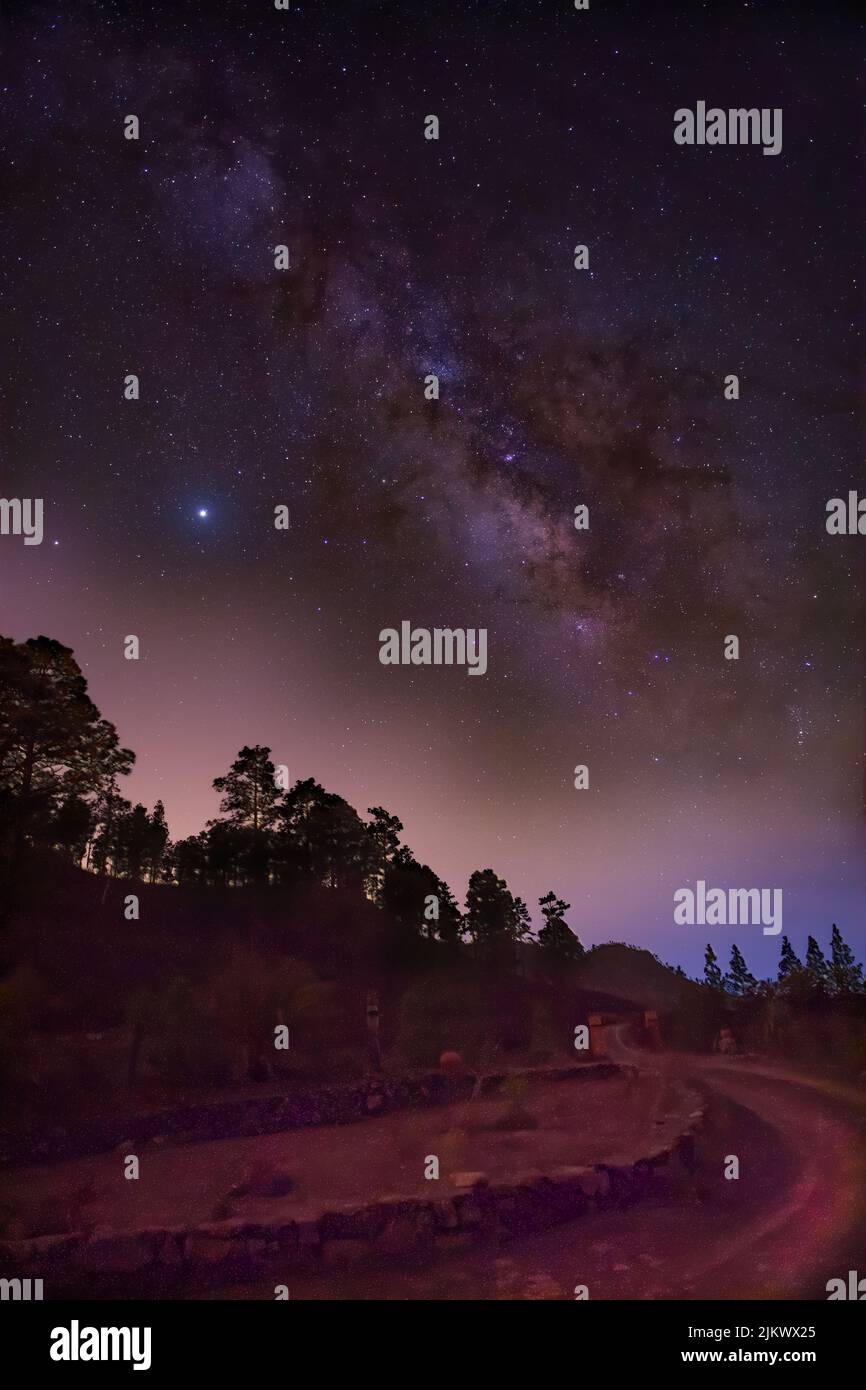 A vertical shot of the Milky Way Galaxy above a hill with trees at night in Gran Canaria Stock Photo