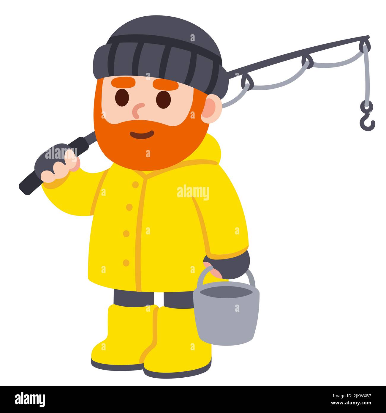 Cute cartoon drawing of a fisherman with red beard holding fishing rod and bucket. Simple flat vector clip art illustration. Stock Vector