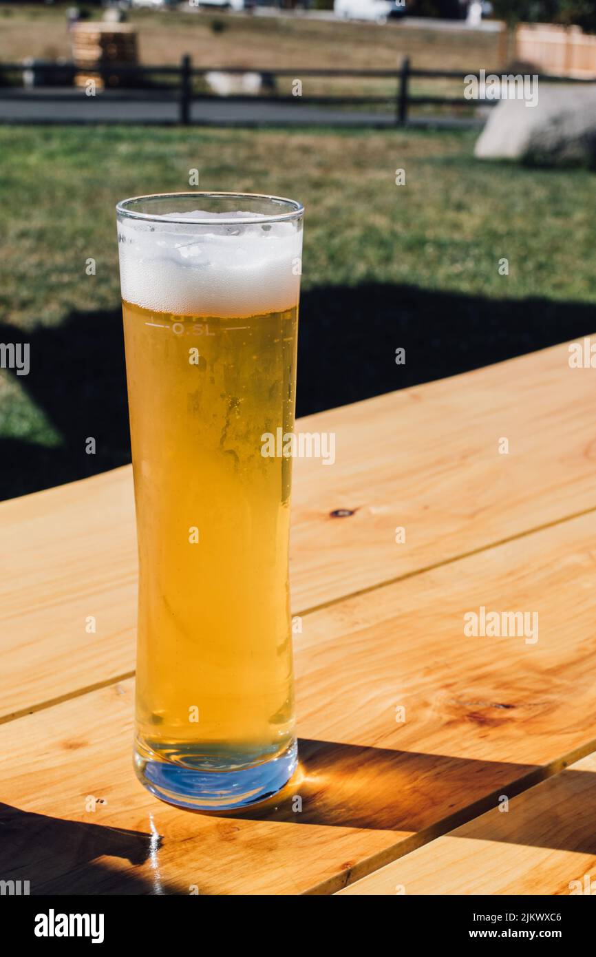 half liter of beer in stange glass outdoors at brewpub, brewery, sunny day Stock Photo