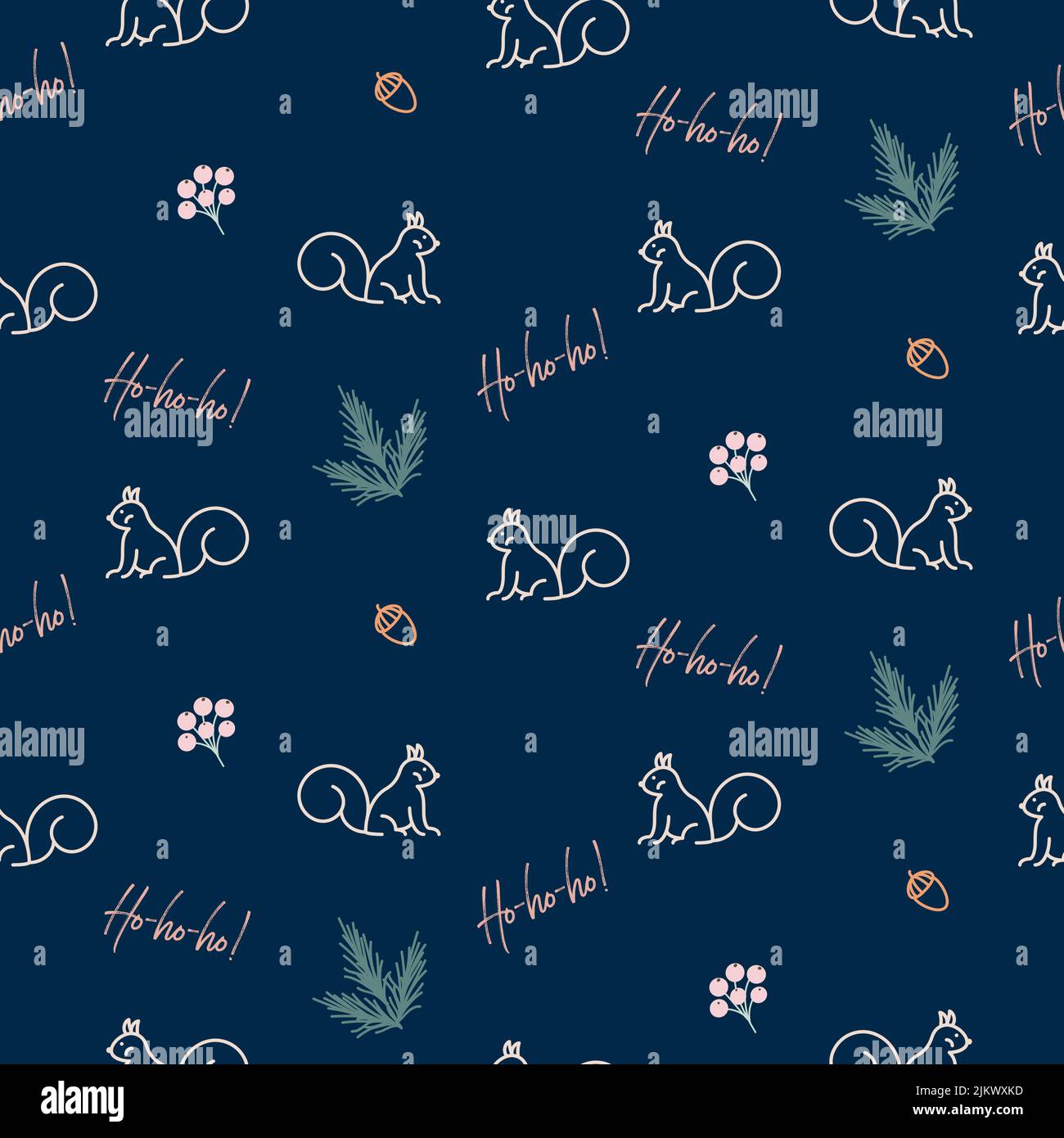 Seamless christmas pattern with squirrels, berries on blue background, vector retro style Stock Vector