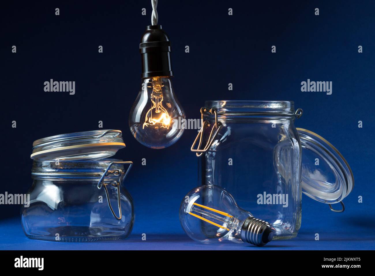 Incandescent bulb turned on, it is stored in a glass jar and replaced