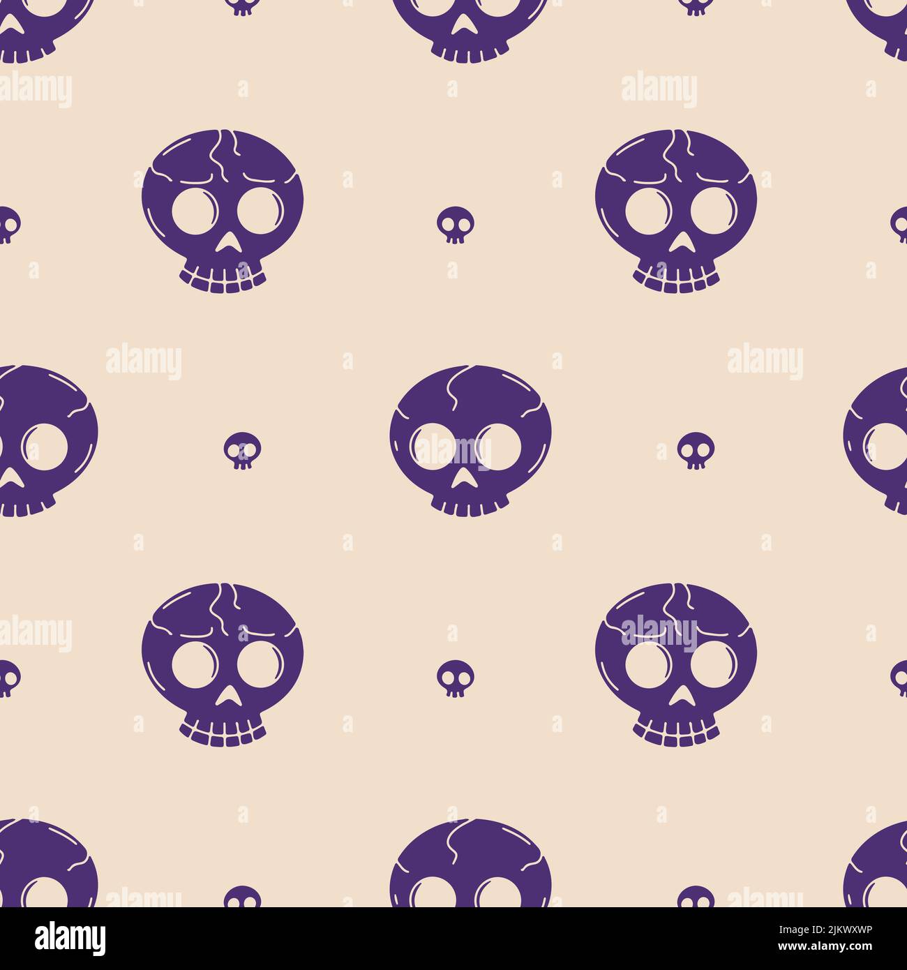 Seamless pattern with purple skulls silhouettes on a beige background Stock Vector